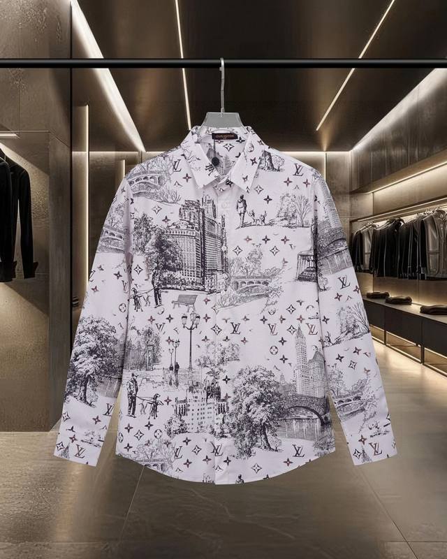 Lv 路易威登爆款来袭 城市景碎片图案长袖衬衫 2025Ss官网新款长袖 衬衫 衬衣，精美数码印花Logo 高端版本，专柜定制面料 透气舒适度高，精工制作，细节