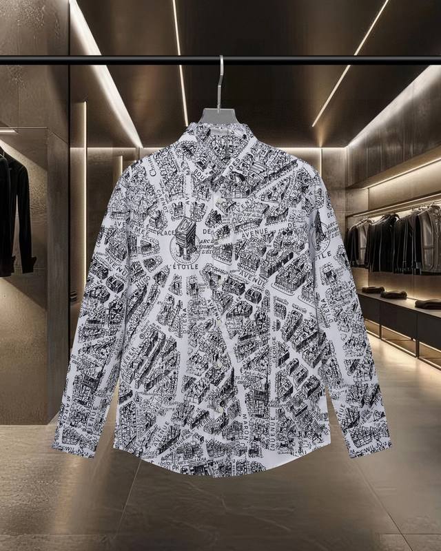 Dior 迪奥 爆款来袭 巴黎地图建筑元素数码印花长袖衬衫 2025Ss官网新款长袖 衬衫 衬衣，精美印花Logo 高端版本，专柜定制面料 透气舒适度高，精工制