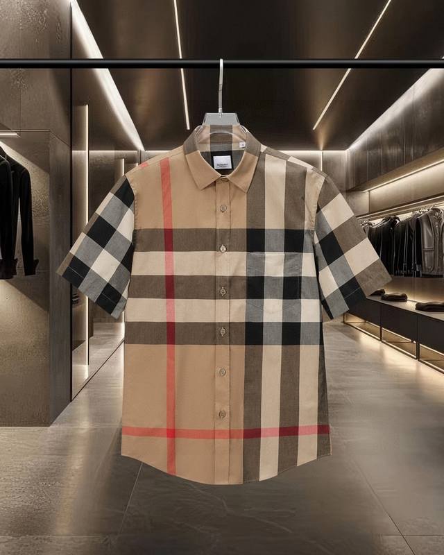 Bur 巴宝莉 Burberry爆款来袭 格纹弹力棉府绸短袖衬衫系列 2025Ss官网新款短袖 衬衫 衬衣，精美工艺 高端版本，专柜定制面料 透气舒适度高，精工