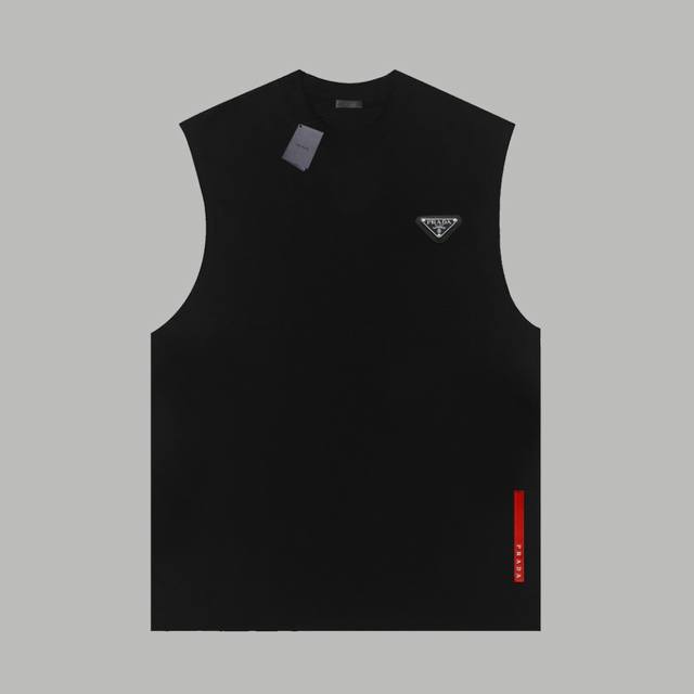 Prada 普拉达 官网同款 经典金属三角标侧边红条Logo 双纱纯棉背心 - 280G双纱纯棉顶级面料 手感柔软 百分百纯棉独家出货 定染硫化黑无尘处理面料