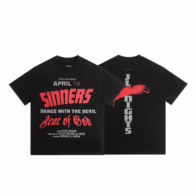 Fear Of God Fog新品与魔共舞字母印花重工做旧夏季短袖T恤款号：E2392# 颜色：黑色码数：S M L Xl工艺：重工洗水做旧