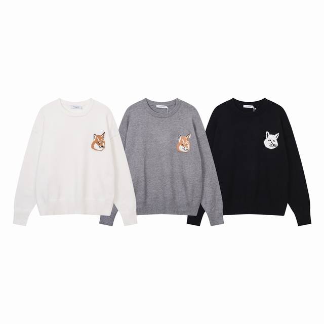 A8119# Maison Kitsune 新品胸前大狐狸头绣花简约圓领日常休闲套头毛衣 男女同款 颜色：黑色 灰色 白色 码数：S-Xl
