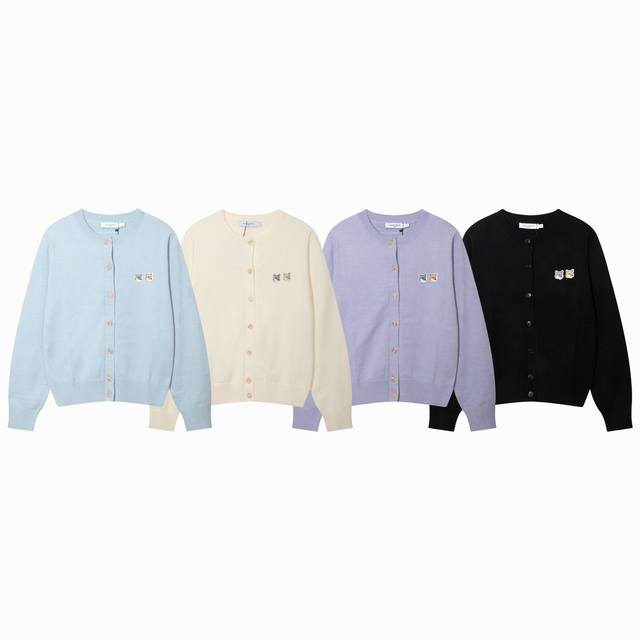 8120# Maison Kitsune 新品 赵露思同款 秋冬经典雙狐狸头 刺绣圓领羊毛衫外套毛衣 颜色：黑色 白杏 紫色 码数：S-Xl