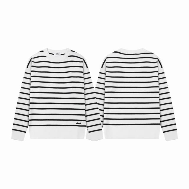 8182# Ami Paris 秋冬新品设计师款Ami字母刺绣条纹针织羊毛 圓领套头毛衣 男女同款 颜色： 白色 码数S-Xl