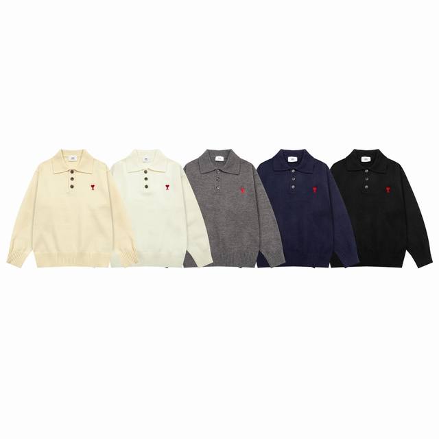 8175# Ami Paris 秋冬新品经典刺绣小爱心羊毛 Ami De Coeur Polo领套头毛衣 肖战崔宇植同款 男女同款 颜色：黑色 白色 灰色 杏色