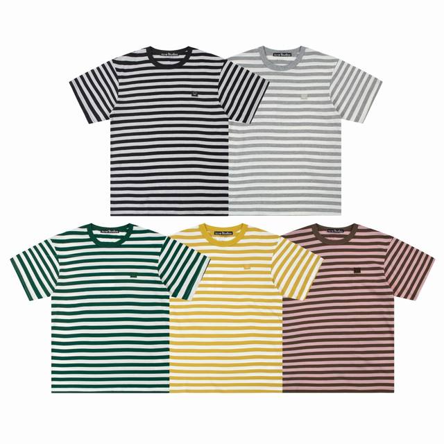 Cy1180# Acne Studiosfaceac经典圆领方块笑脸条纹短袖 面料采用纯棉230G双纱 男女同款 颜色：黑灰 灰白 绿白 黄白 咖粉 码数：S-