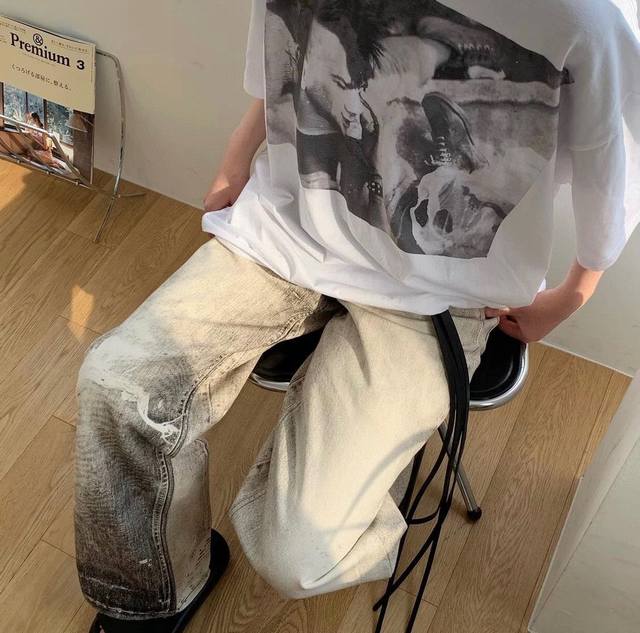 款号6036自主 Our Legacy灰色数码印花直筒牛仔裤水洗做旧宽松直筒裤子男白敬亭同款男女同款高街Vibe Ol数码印花牛仔裤年度推荐 必须来一条