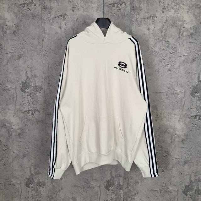 Blcgunity Sports Icon Large Hoodie In Dirty White Black 25Fall 徽标刺绣五道杠贴布运动连帽卫衣宽松