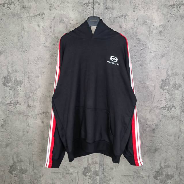 Blcgunity Sports Icon Large Hoodie In Faded Black White 25Fall 徽标刺绣五道杠贴布运动连帽卫衣宽松