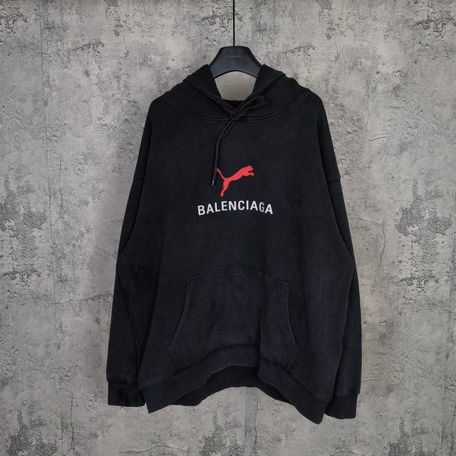 Blcg × Puma彪马Puma Hoodie Medium Fit In Black Faded 25Fall 联名系列徽标豹子Logo印花洗水连帽卫衣40