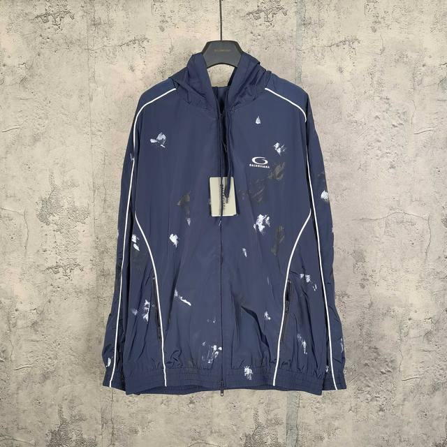 Blcg Painter Tracksuit Jacket In Navy Blue 25Fw秀款Loop Sports Icon刺绣手绘做脏连帽夹克冲锋衣外套