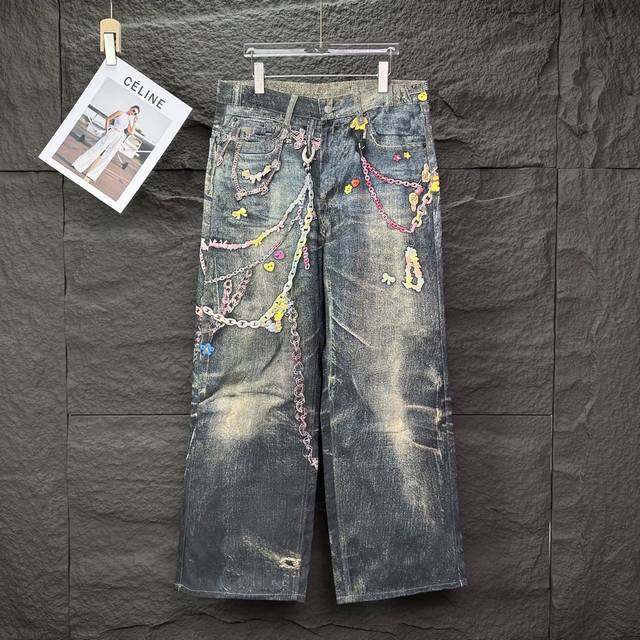 Acne Studios 2025新款3D数码打印糖果链条情侣款水洗宽松牛仔裤高版本高版本顶级天花板品质 不同水洗质感的款式，对腿细腿粗人士十分友好，直筒宽松的