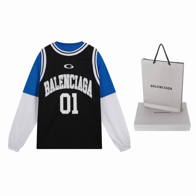实拍图 顶级版本.官网品质 Balenci*Ga 巴黎.Ss25最新款篮球球服 假3件套绣花印花长袖T恤。背心采用网布。前面刺绣釆用田岛电脑绣花机贴布刺绣加印花