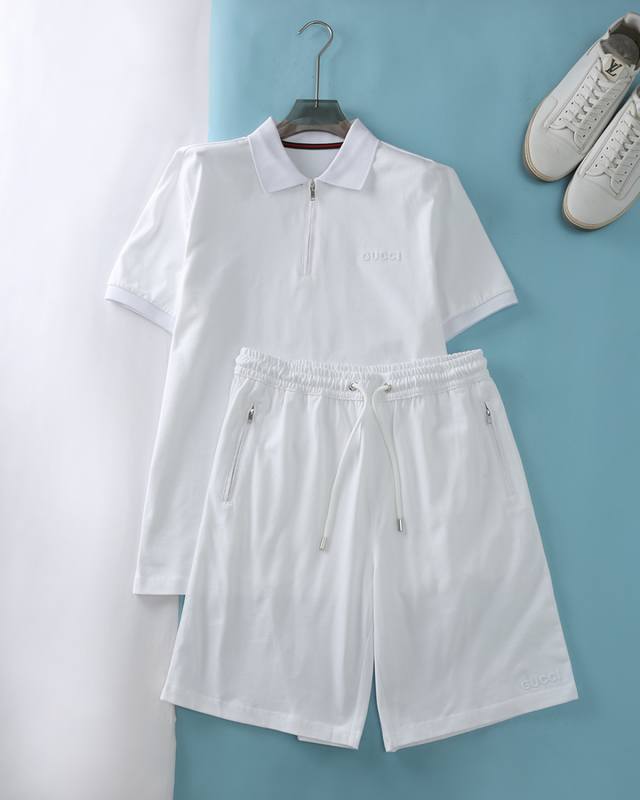 新品 Gui 古*衣服 短裤Ly68130 2025Ss夏季新品，男士经典同色字母刺绣徽标时尚休闲短袖Polo衫+抽绳短裤套装！贸易公司渠道稀出，同步Gw发售！