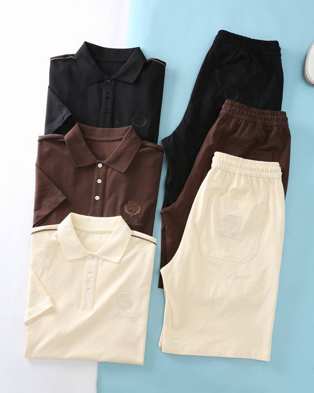 新品 Lor* Piana 衣服 短裤 Ss夏季新款，男士经典图腾徽标刺绣装饰商务休闲短袖Polo衫+抽绳短裤套装！贸易公司渠道稀出，领先Gw发售！客供进口10