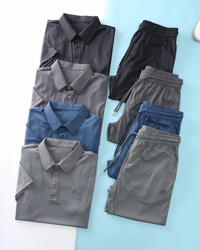 新品Lor* Piana 衣服 裤子 Ss夏季新款，男士经典硅胶徽章装饰商务休闲短袖Polo衫+抽绳直筒型休闲裤套装！贸易公司渠道稀出，领先Gw发售！进口四面弹