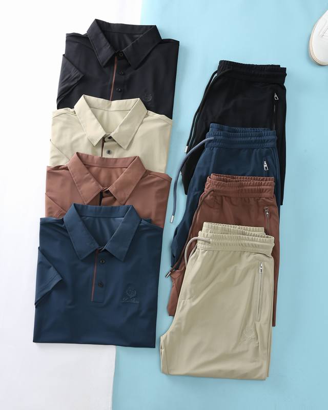 新品Lor* Piana 衣服 裤子 Ss夏季新款，男士经典徽章刺绣标识翻领短袖Polo衫+拉链口袋抽绳休闲裤套装！贸易公司渠道稀出，领先Gw发售！进口四面弹力