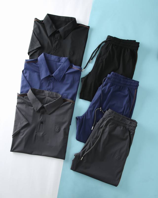 新品套装 Lou V 路*登衣服 裤子Ly68130 2025Ss夏季新品，男士经典圆圈标识刺绣免烫抗速干商务休闲短袖Polo衫+抽绳直筒型休闲套装！贸易公司渠
