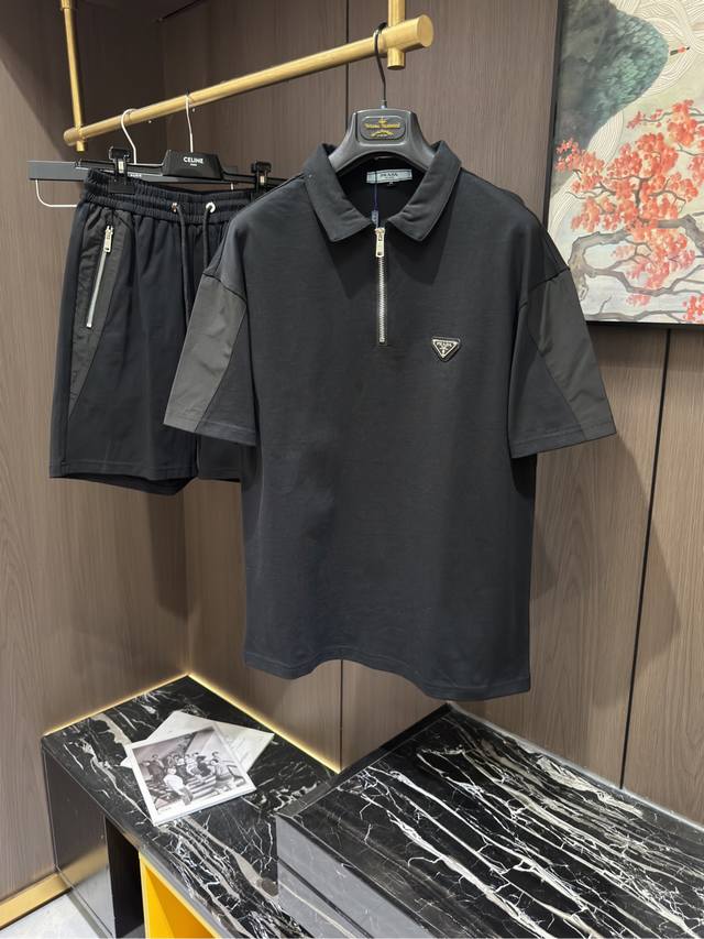 Pra25S新款男士休闲翻领短袖短裤套装，码数M-3Xl
