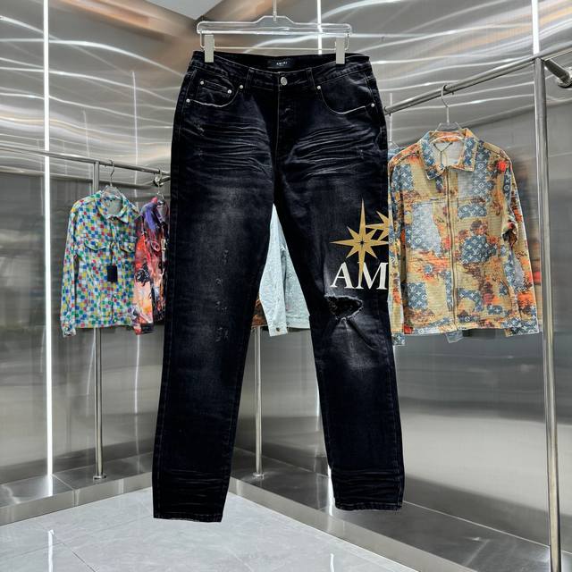 D Amiri 破洞字母刺绣工艺街头潮流修身小脚弹力牛仔裤 颜色 黑色 码数 30 32 34 36 38