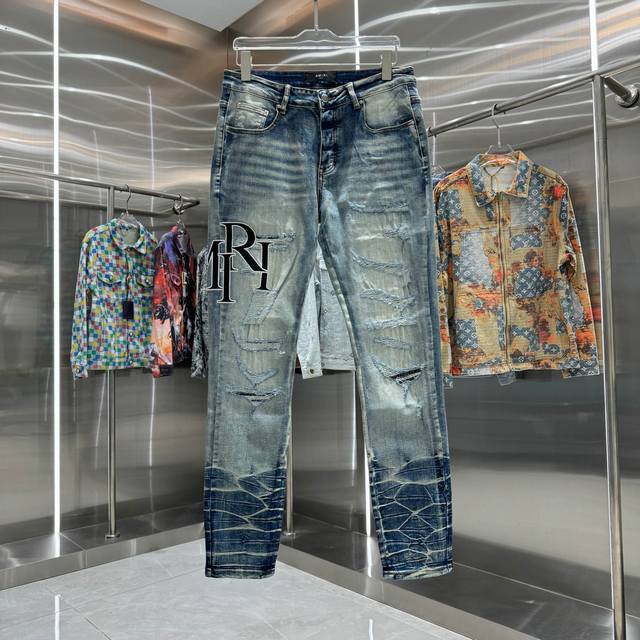 D Amiri 破洞字母刺绣工艺街头潮流修身小脚弹力牛仔裤 颜色 蓝色 码数 30 32 34 36 38