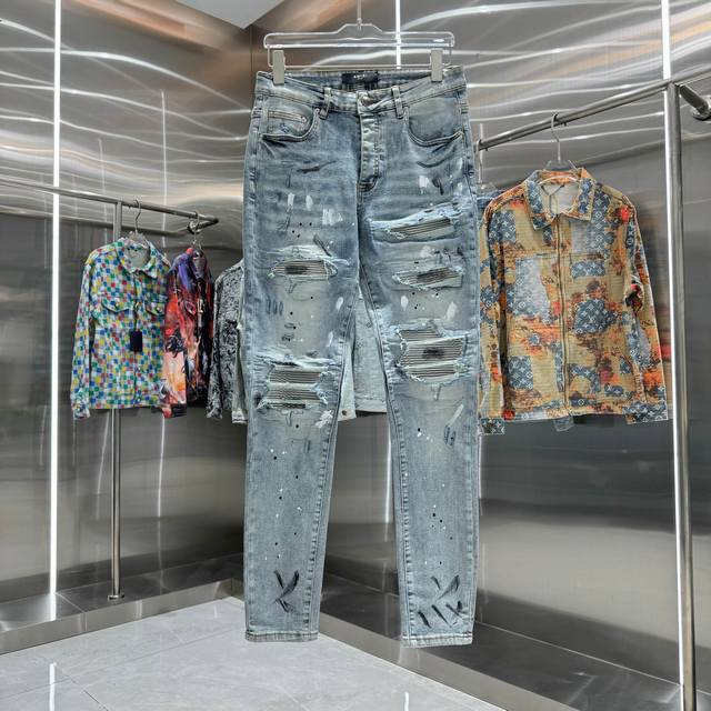 D Amiri 破洞涂鸦工艺街头潮流修身小脚弹力牛仔裤 颜色 蓝色 码数 30 32 34 36 38