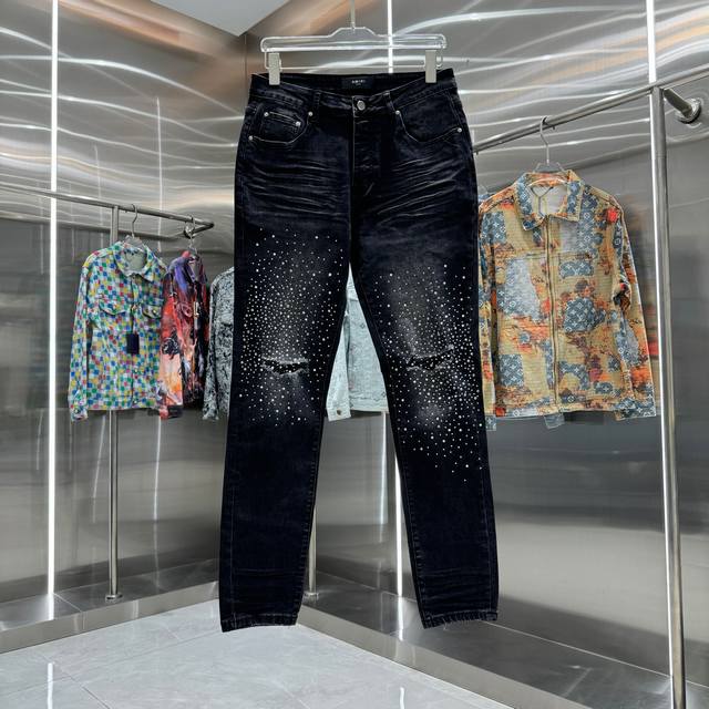 D Amiri 破洞烫钻工艺街头潮流修身小脚弹力牛仔裤 颜色 黑色 码数 30 32 34 36 38