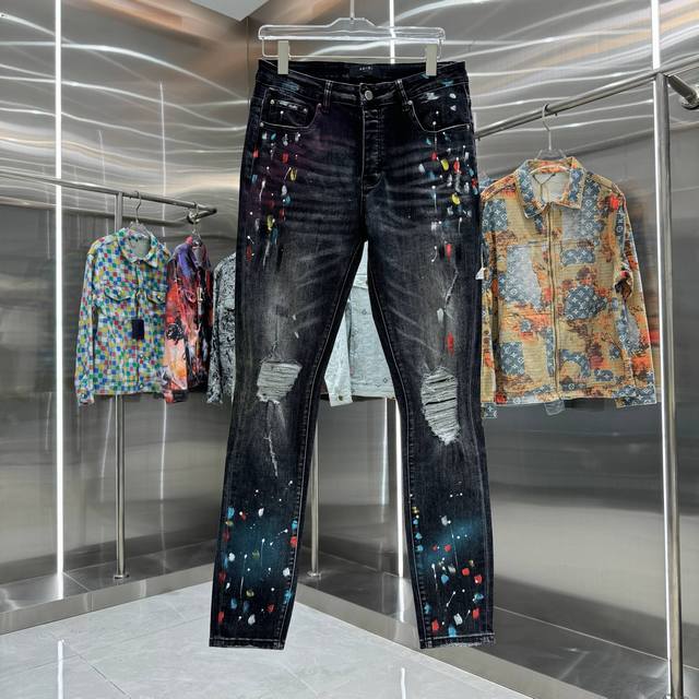 D Amiri 破洞彩色涂鸦工艺街头潮流修身小脚弹力牛仔裤 颜色 黑色 码数 30 32 34 36 38