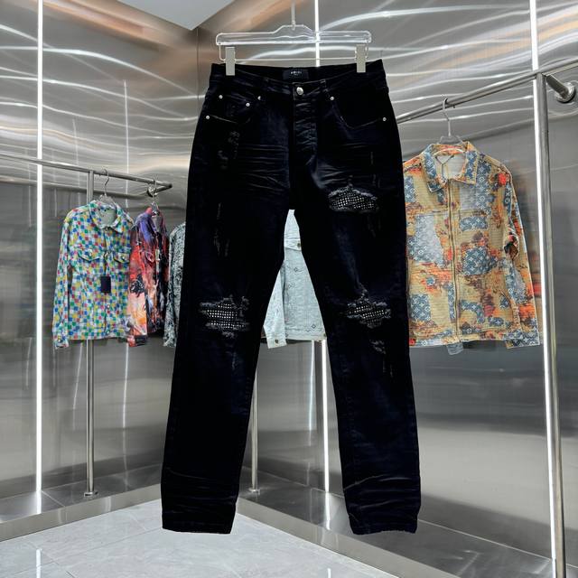 D Amiri 破洞字母工艺街头潮流修身小脚弹力牛仔裤 颜色 黑色 码数 30 32 34 36 38