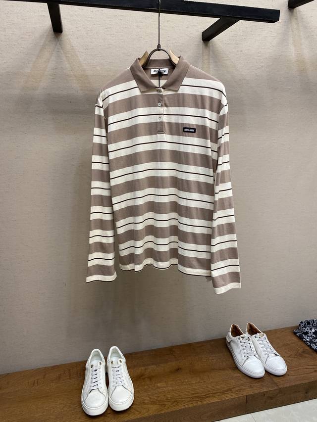 Miu Miu 25Ss条纹棉质平纹针织长袖Polo衫，正品9868购入开发，定制60支双股条纹面料，扁机罗纹，定位裁床，面料酵洗，定制1：1章仔，定制1：1贝