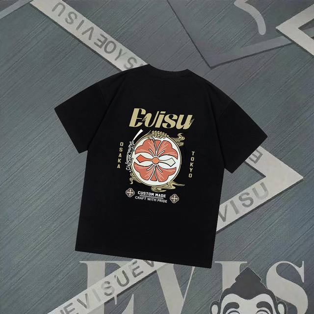 Fs258 Evisu福神-新款小海鸥字母印花短袖休闲宽松T恤情侣款 面料：采用32织双纱300克重磅纯棉面料，原版高克重，纯棉螺纹领口，前片印花采用进口胶浆印