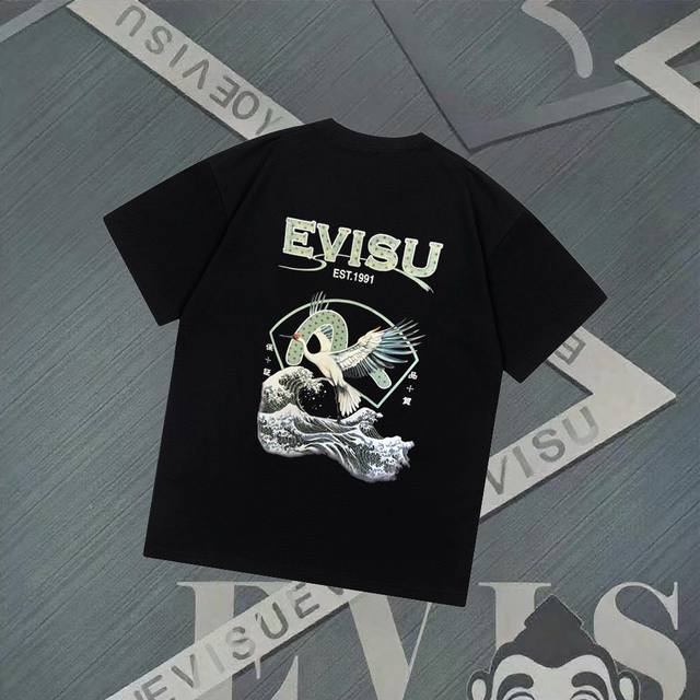Fs256 Evisu福神-新款海浪仙鹤印花短袖休闲宽松T恤情侣款 面料：采用32织双纱300克重磅纯棉面料，原版高克重，纯棉螺纹领口，前片印花采用进口胶浆印刷