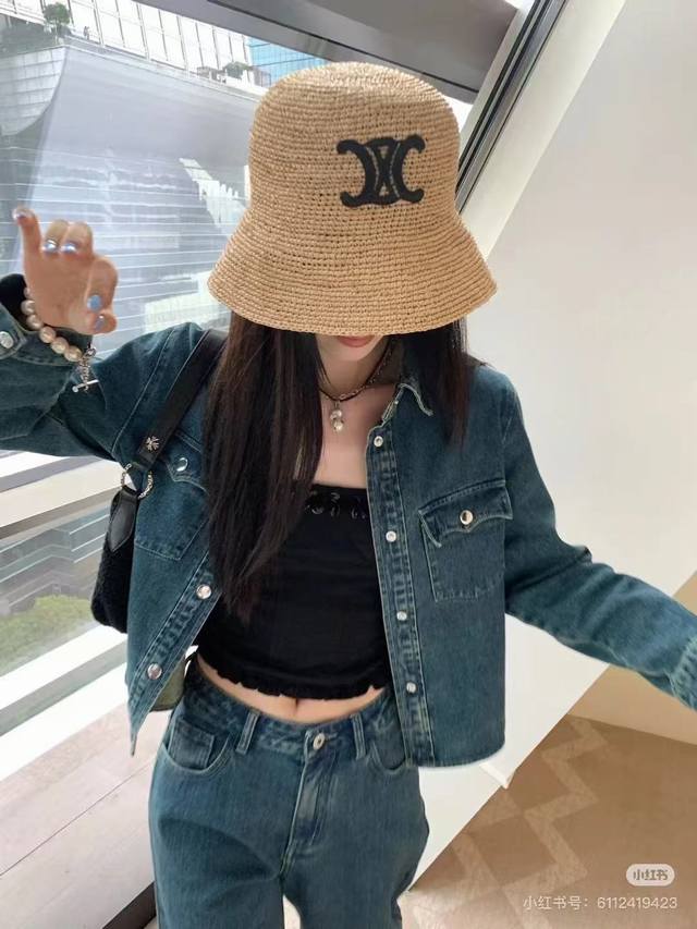 赛琳编织渔夫帽，凯旋门来喽~~全草编+镂空肌理，透气又防晒哈~~纯手工钩织渔夫帽拉菲草可折叠遮阳草帽帽子女颜色，黑色字标，白色字标
