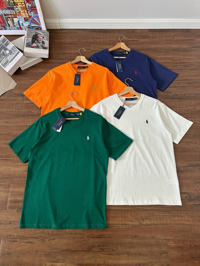 款号：Rl009 Ralph Lauren 拉夫劳伦2025夏季新配色纯棉240克田岛刺绣V领T恤颈部主标Logo有二维码标，可以扫码验证，采用日本进口机器田岛