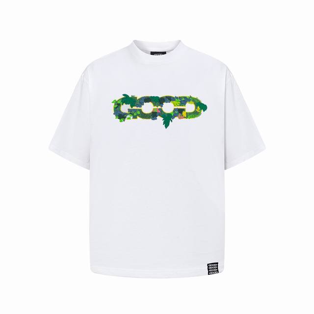 Goodbrand 2025Ss立体绿植刺绣地图轻奢时尚高级感Logo短袖T恤颜色:黑白尺码:S-Xl