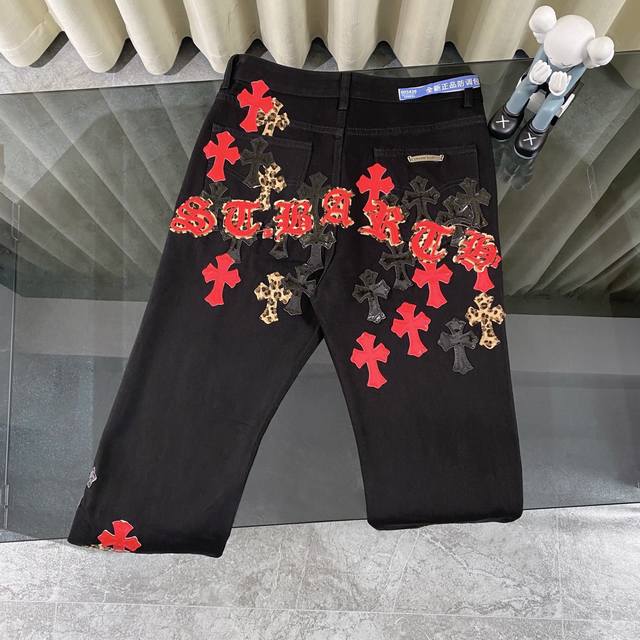Ch克罗心Chromehearts 圣巴特限定豹纹亮皮十字拼皮黑色重工牛仔裤柜价50W级别，贴布十字花点缀，水洗牛仔裤！！ 绝对高端的奢华产物，1.9W级别的神