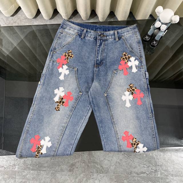 Ch克罗心Chromehearts 马来西亚限定豹纹十字拼皮限定工装牛仔裤伐木裤柜价50W级别，贴布十字花点缀，水洗牛仔裤！！ 绝对高端的奢华产物，1.9W级别