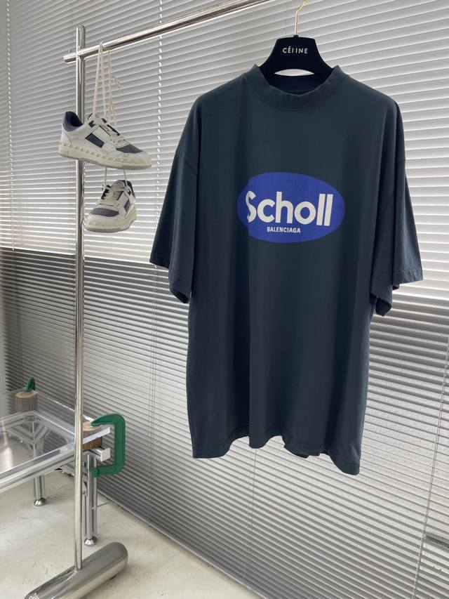 Balenciag 25Ss新款Blcg I Scholl男士褪色黑色平纹针织廓形T恤码数：0.1.2.3衣长