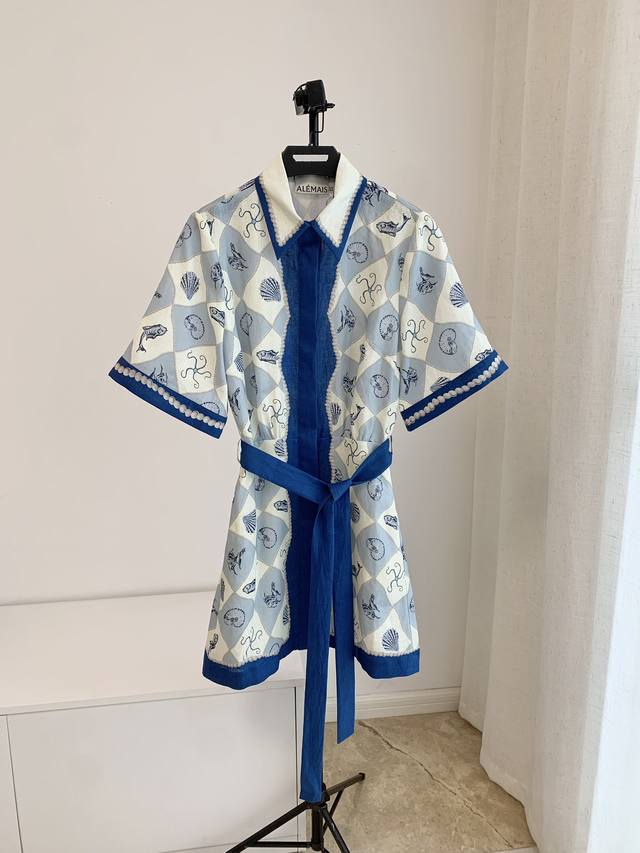 新品6 8 10 12 Alem亚麻蓝白珍珠短裙