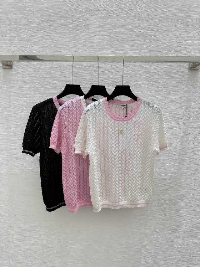 Ch家 夏季新款 撞色圆领针织短袖 颜色：白色 粉色 黑色尺码：36.38.40