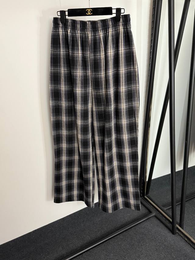 款号20254454 Balenciag*新款 复古格子松紧腰亚麻阔腿长裤，黑色，S-Xl， M码；腰围72弹力，长111 .