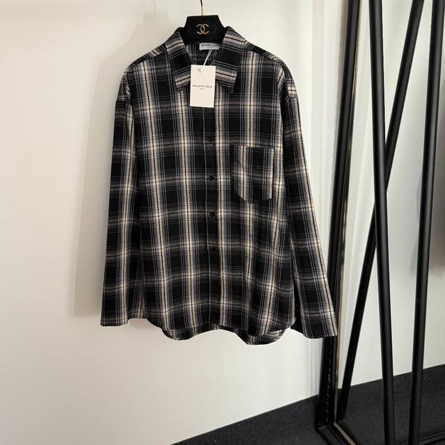 款号20254452 Balenciag*新款 学院风复古格子长袖亚麻衬衣，黑色，S-Xl， M码；肩宽54，胸围118，袖长59，衣长73-79