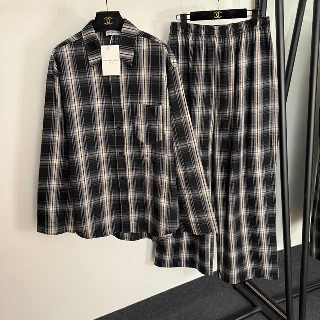 款号20254453 Balenciag*新款亚麻套装，学院风复古格子长袖衬衣+松紧腰阔腿长裤，黑色，S-Xl， M码；肩宽54，胸围118，袖长59，衣长73