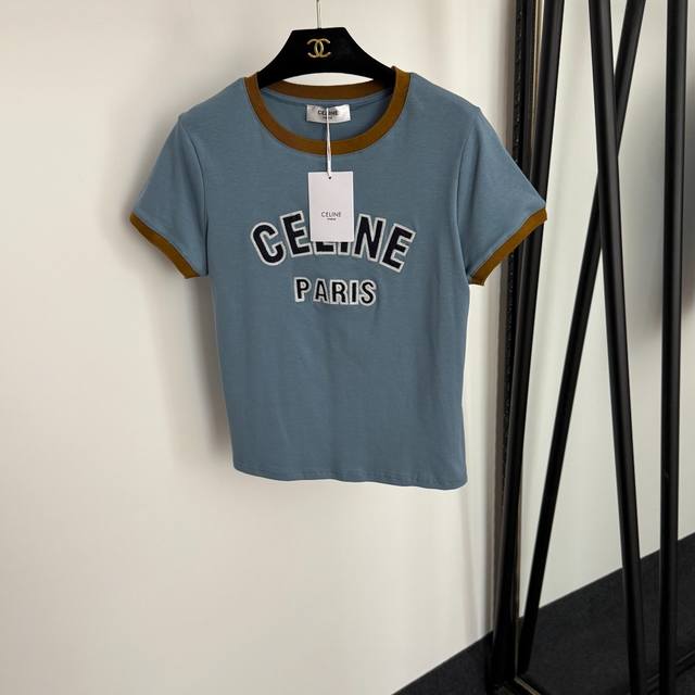 款号20254434 Celin*新款 Logo刺绣字母 拼色包边圆领短袖T恤，蓝色，Sml， M码；肩宽38，胸围94，袖长16，长55