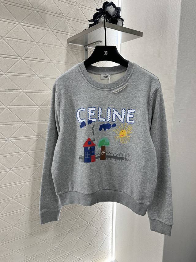 Celin*2025新品上架 印花圆领童趣卫衣定制Yb原生全棉材质 穿搭透气 舒适有型 圆领套头卫衣剪裁 版型宽松 胸前标志性字母印花+童趣感手绘插画街景图案