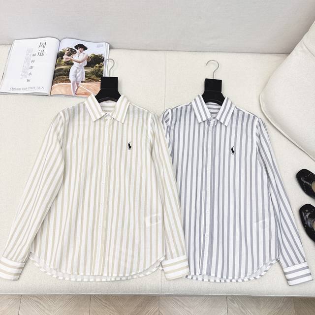 老钱风穿搭 Rl 25Ss 早秋最新款小马Logo刺绣条纹衬衫 胸前经典Logo刺绣装饰 日常必备款 出街凹造型防晒多功能 采用亚麻+棉面料 透气又贴身舒适 推