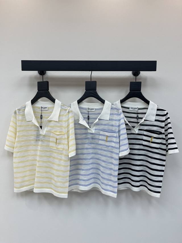 Ysl*25春夏新款翻领条纹针织短袖！定制进口针织材质 质感上乘 翻领针织短袖剪裁 成衣横条纹元素胸前口袋撞色刺绣品牌徽标 生动点睛 常规版型 不挑身材 日常轻