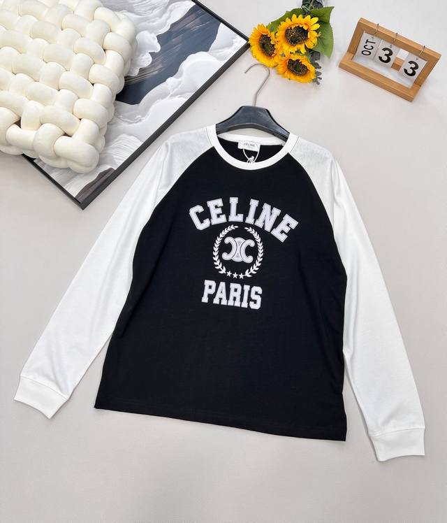 Celine 撞色植绒凯旋门薄款长袖上衣拼接撞色插肩袖长袖，领口螺纹定染饰边双压走线，胸前立体植绒印花，摸起来有柔软的细腻感，不掉色不掉毛，棉质很轻柔，刚需单品