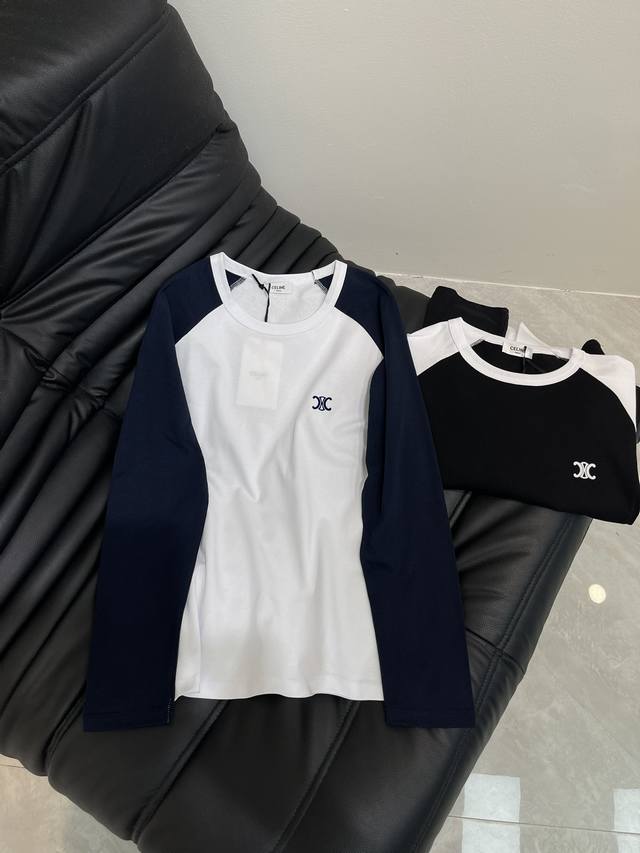 Celin*25早秋新品插肩拼色植绒Logo长袖打底衫！人手必备基础的一款 轻薄面料胸前Logo字母 领子袖口包边与印花相呼应版型无敌显瘦 穿上简直秒变乖巧少女