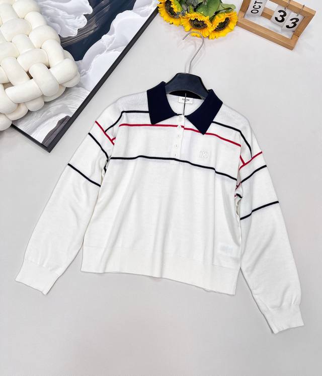 Celine25秋冬新款线条设计Polo衫，来自南法风情夏日的学院风上衣宽松落肩厢版，更加的量感版型，显瘦度拉满偏短款的经典版型，演绎别致Polo学院穿搭精选一